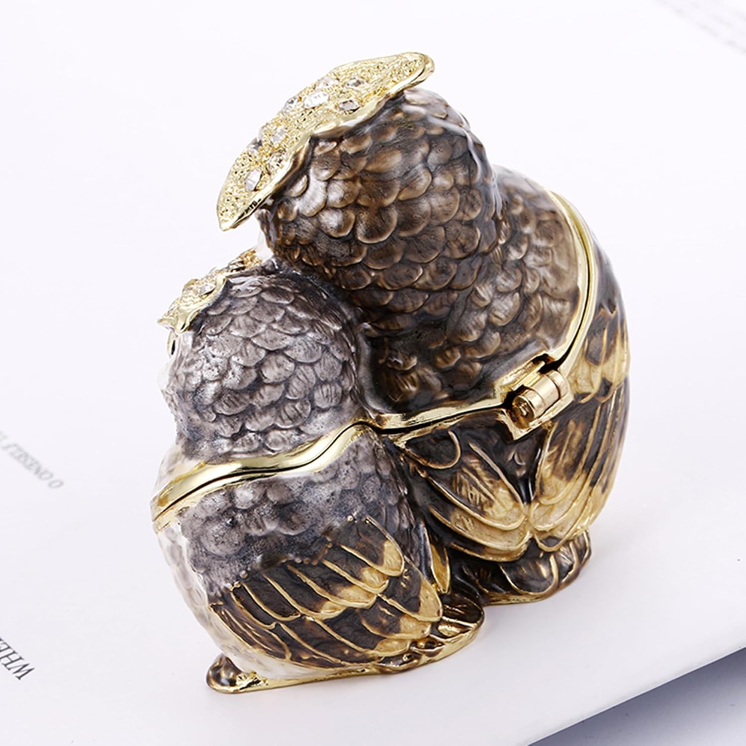Hand Painted Enamel Couple Owl Trinket Box, Hinged Unique Mini Ring Necklace Jewelry Organizer, Classical Bejeweled Storage, Figurine Collectible Keepsake Home Decor (Couple Owl) image 4