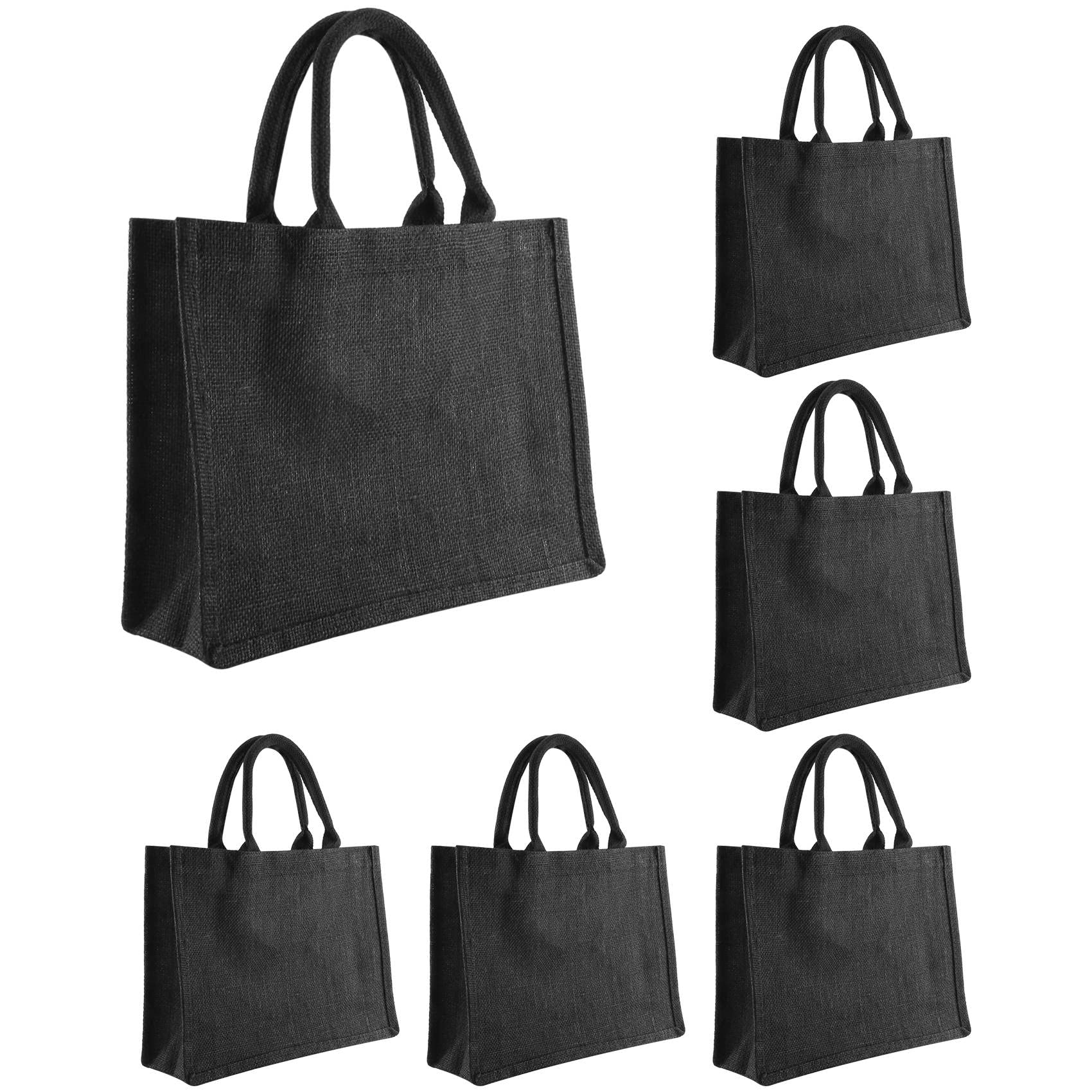 Aniyaa 6PCS Black Burlap Tote, Jute Tote Bags with Handles & Laminated Interior, Wedding Bridesmaid Gift Bags, Blank Bags