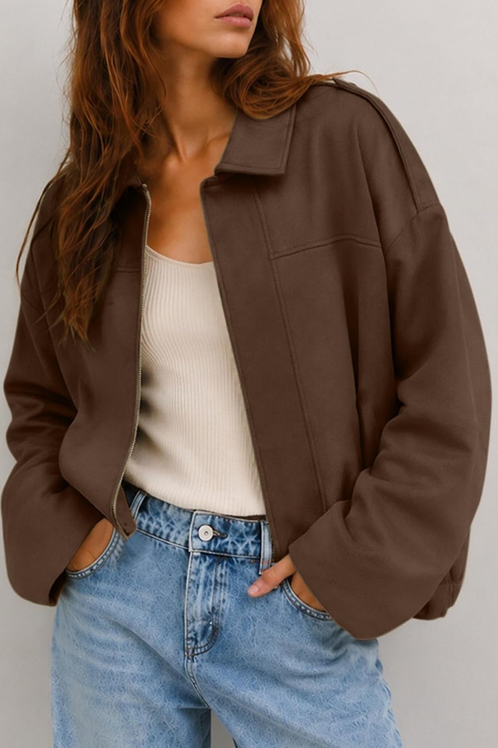 CHYRII Womens Faux Suede Bomber Jacket Fall Oversized Long Sleeve Coats image 2