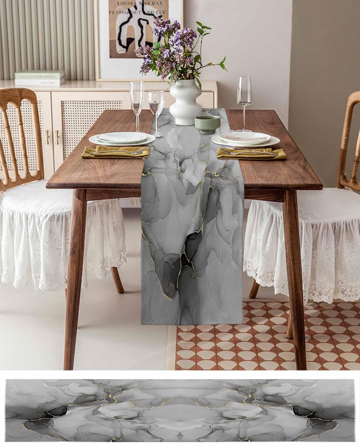 Farmhouse Table Runner Abstract Gray Fluid Lines Art Vintage Non Slip Table Runners Dresser Scarves 72" Long, Modern Tabletop Cover Decor for Kitchen Dining Home