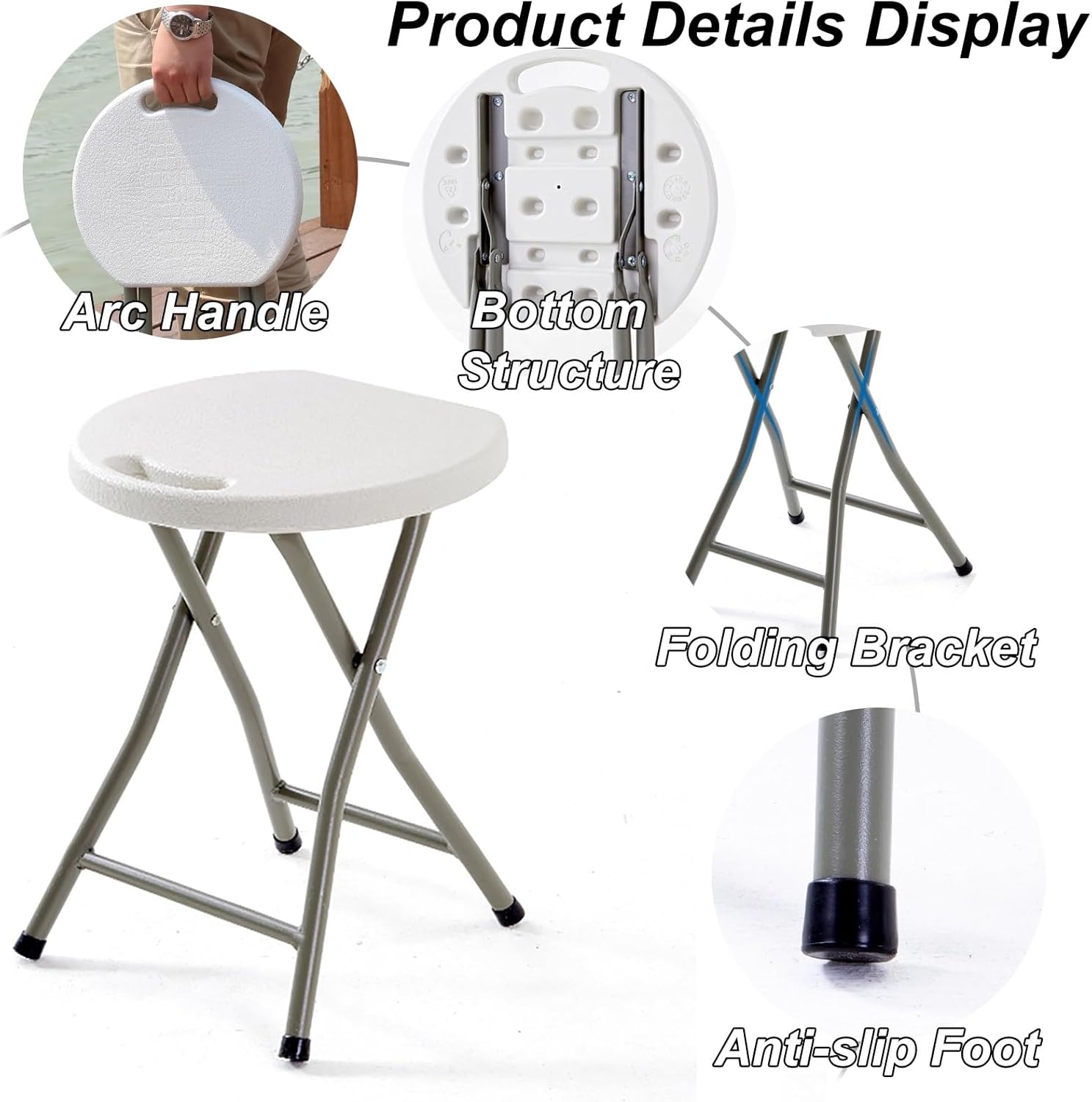 Heavy-Duty Folding Stool with Handle - Portable Backless Chair for Adults, 330 lbs Capacity, Ideal for Camping, Kitchen, Indoor/Outdoor Use - Gray Color