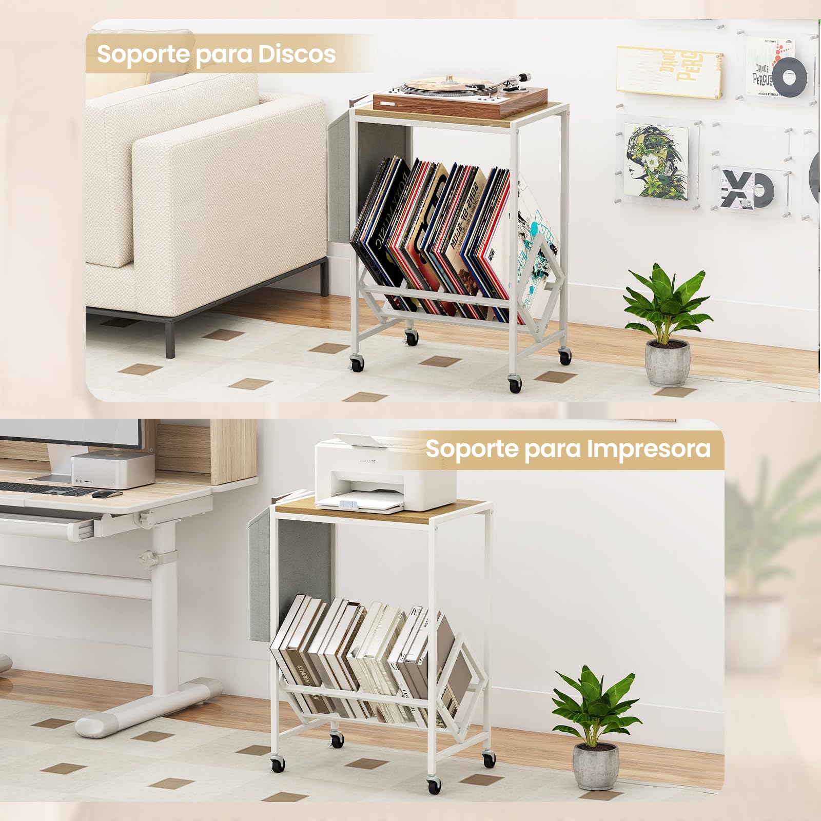 COSTWAY Mueble Tocadiscos con Ruedas, Soporte para Tocadiscos con Estante para Vinilos y Almacenaje Lateral, Mesa Auxiliar Móvil de Discos para Exhibición de Vinilos, 49,5x30x64 cm (Natural y Blanco)