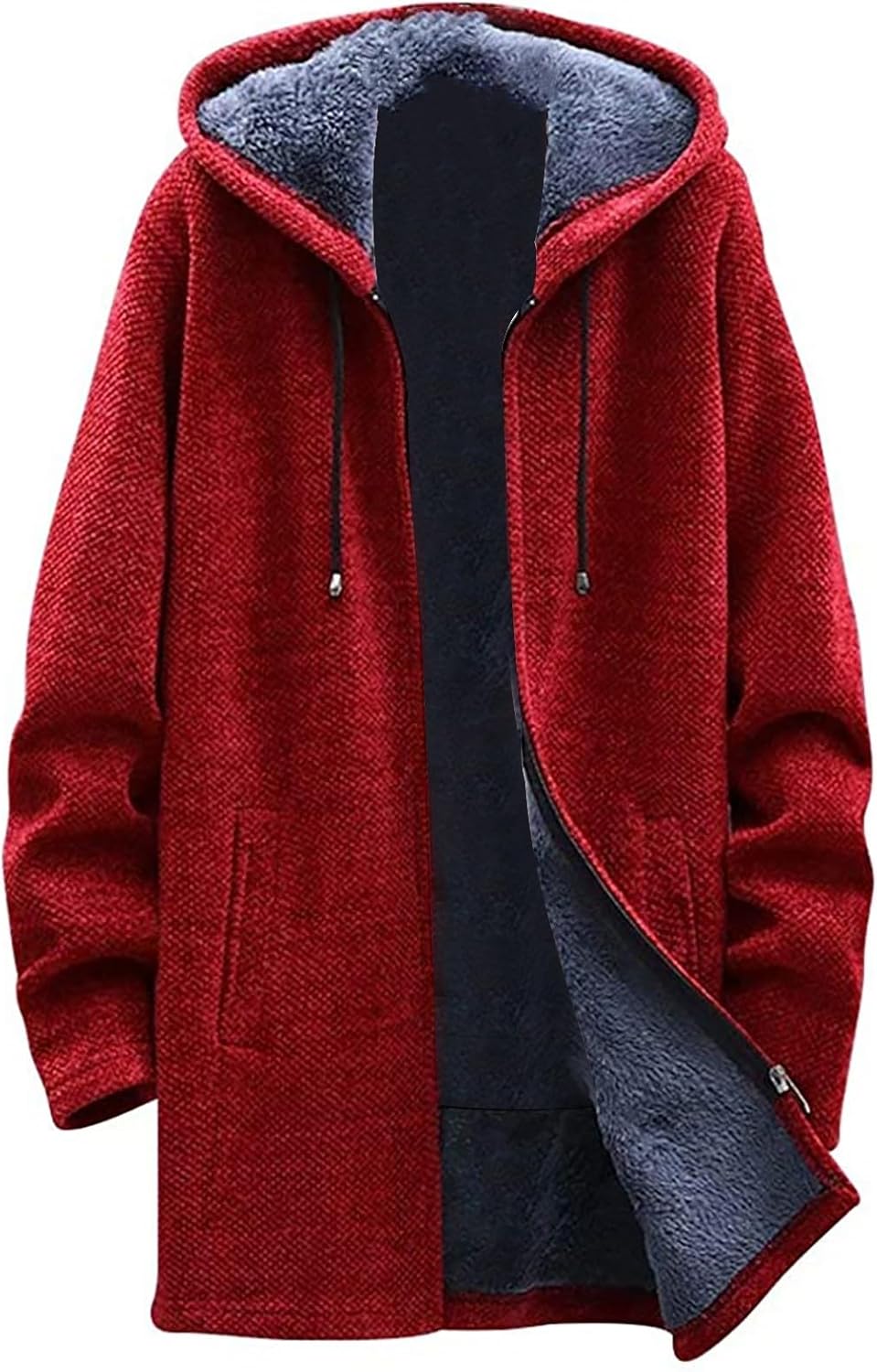Hooded Sweater Jacket for Men Fleece Lined Long Trench Coats Winter Warm Windbreaker Overcoat with Pockets