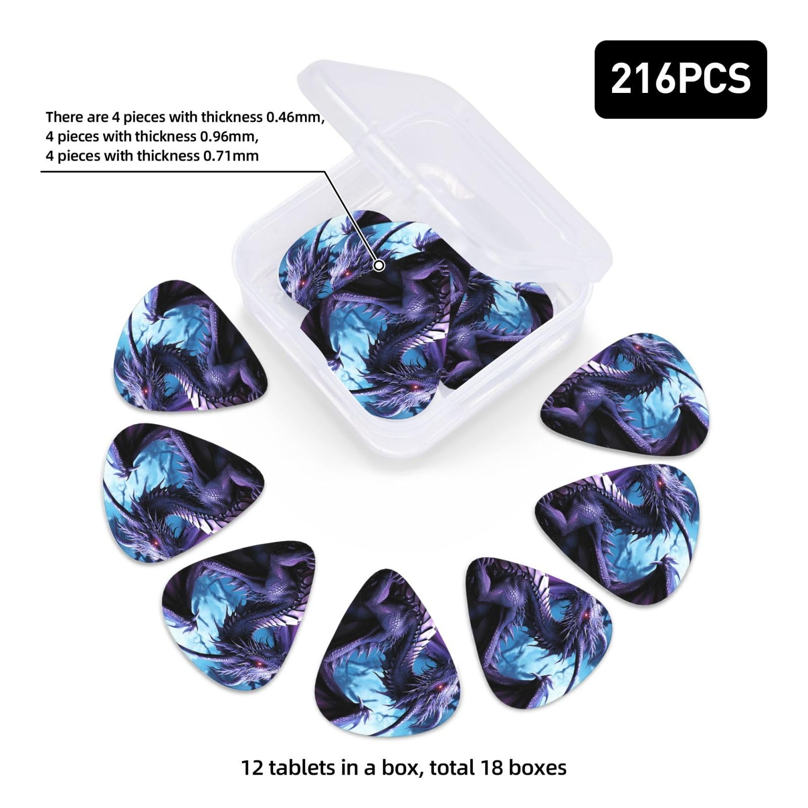 Lot de 216 médiators de guitare en vrac 3 épaisseurs différentes avec boîte de rangement Violet Dragon Violet Moon Accessoires de guitare pour basse guitare électrique acoustique amateurs