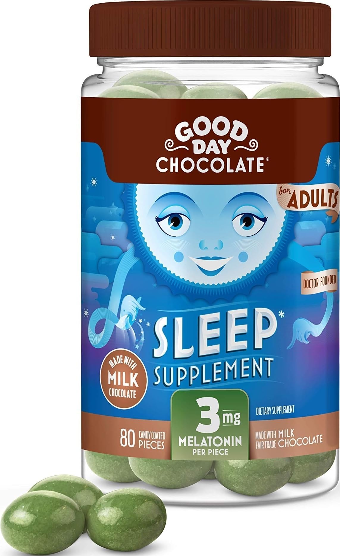 Good Day Chocolate Melatonin for Adults [ 80 Count ] - Fair Trade Non-GMO Chocolate with Chamomile and Melatonin 3 mg - Adult Melatonin, Adult Natural Sleep Aid Supplement