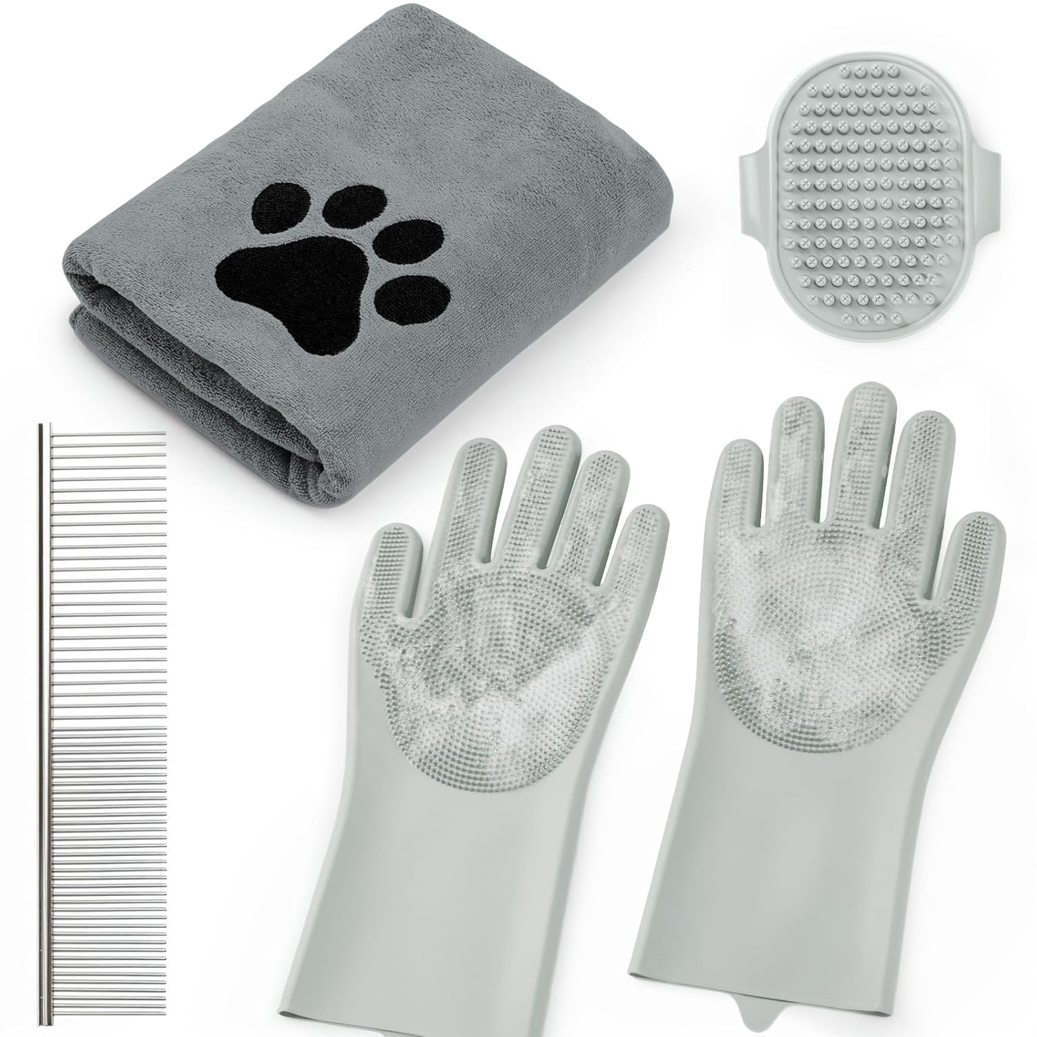 Pet Shower & Bath Supplies，Dog Shampoo Brush Set with Towel, Washing Gloves,Comb for Dogs and Cats (PINK)