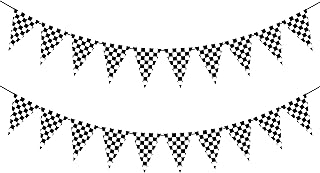 2 Pieces Black and White Checkered Flags Banner, Double Sided Checkered Pennant Banner for Racing Party Decorations Race Car Baby Shower Birthday Party Supplies