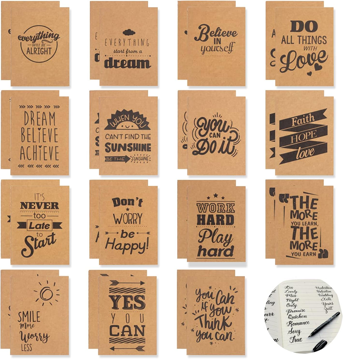 Owevvin 30 Pack A6 Kraft Notebooks, 15 Designs Small Notebook 80 Lined Pages Notebook Journals, 3.5" x 5.5" Pocket Notebook Bulk Inspirational Notebook for Kids, Students, School and Office Supplies