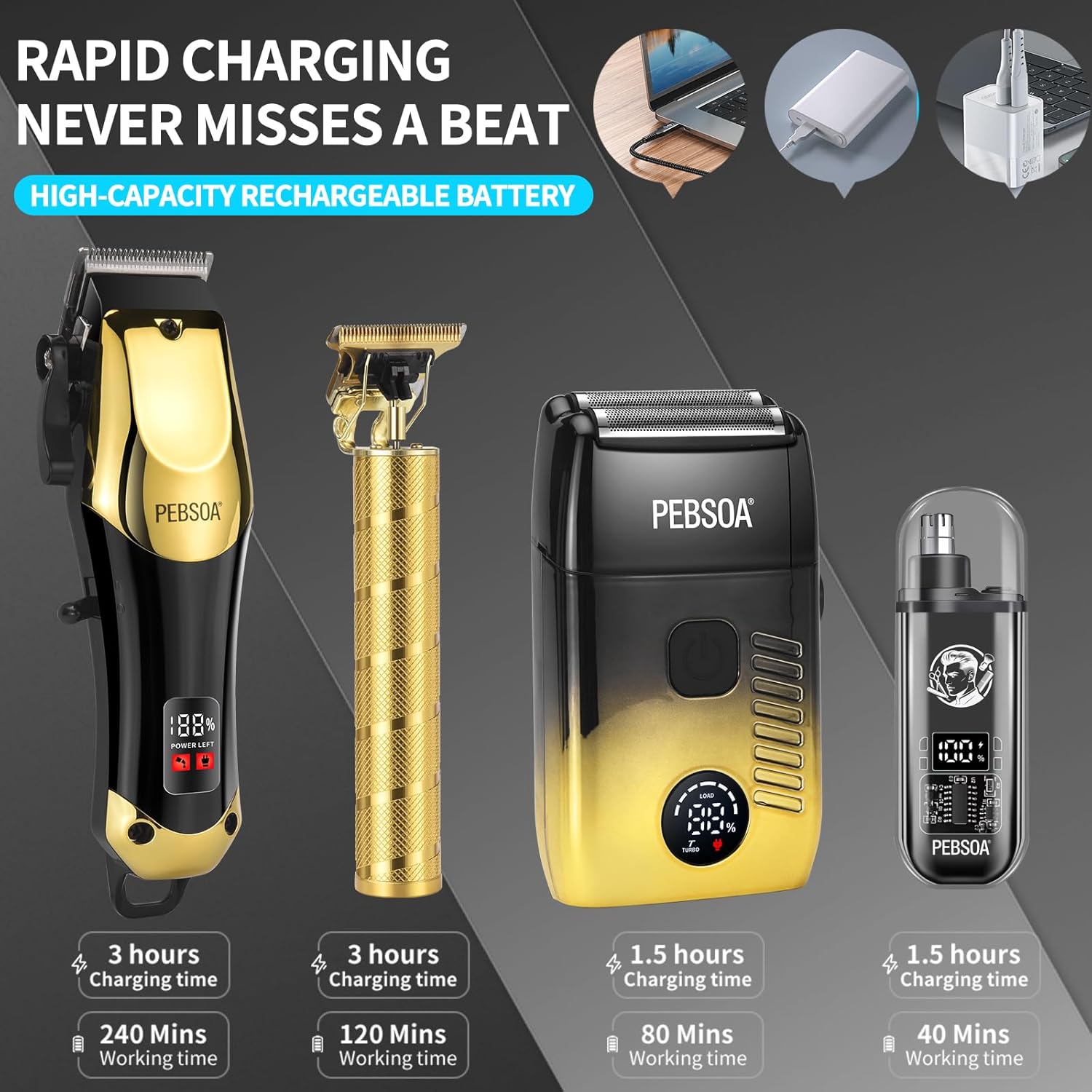 Men's Multi-Function Grooming Kit, featuring a cordless rechargeable hair clipper, T-shaped trimmer with zero-gap trimming,electric shaver,nose trimmer, designed for precise haircuts and beard styling