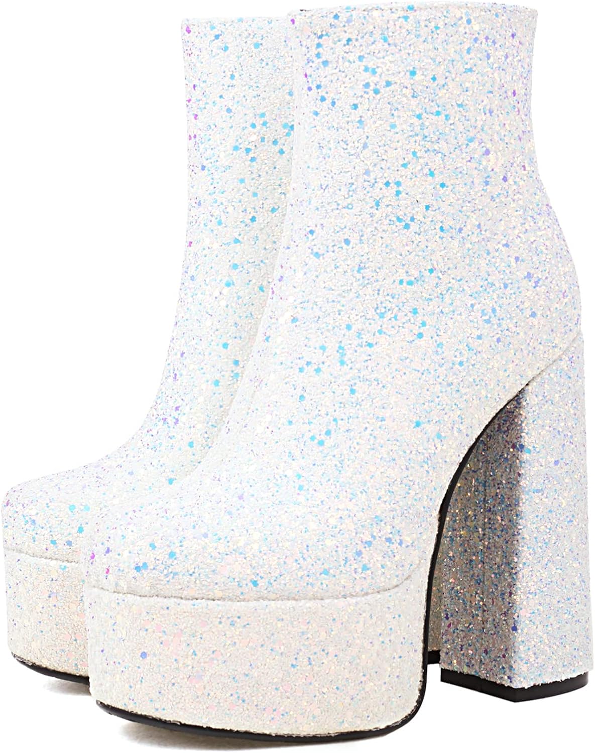 Gicoiz Women Chunky High Heel Sequins Round Toe Ankle Boots Shiny