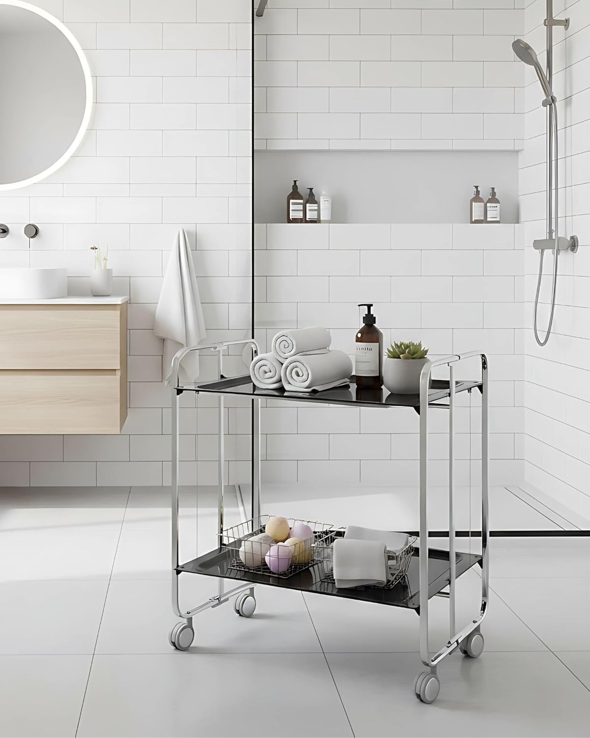 DON HIERRO 2-Tier Folding Bar & Kitchen Cart on Wheels – Chromed Frame Black Shelves – Bauhaus