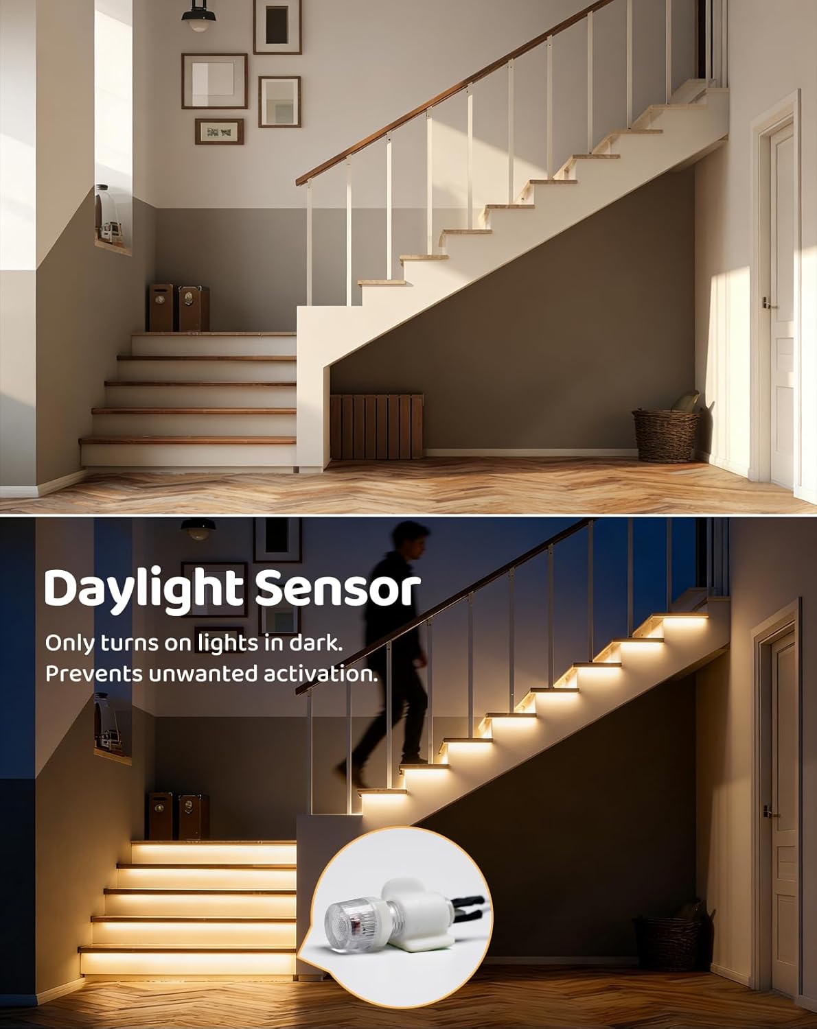 Motion Sensor Light, 20-Step LED Stair Light, 12V 6W 3000K Warm White Indoor Step Light, Stair Lighting with Radar Motion & Daylight Sensors, Remote Control, 1" Cuttable, Plug&Play, UL Listed