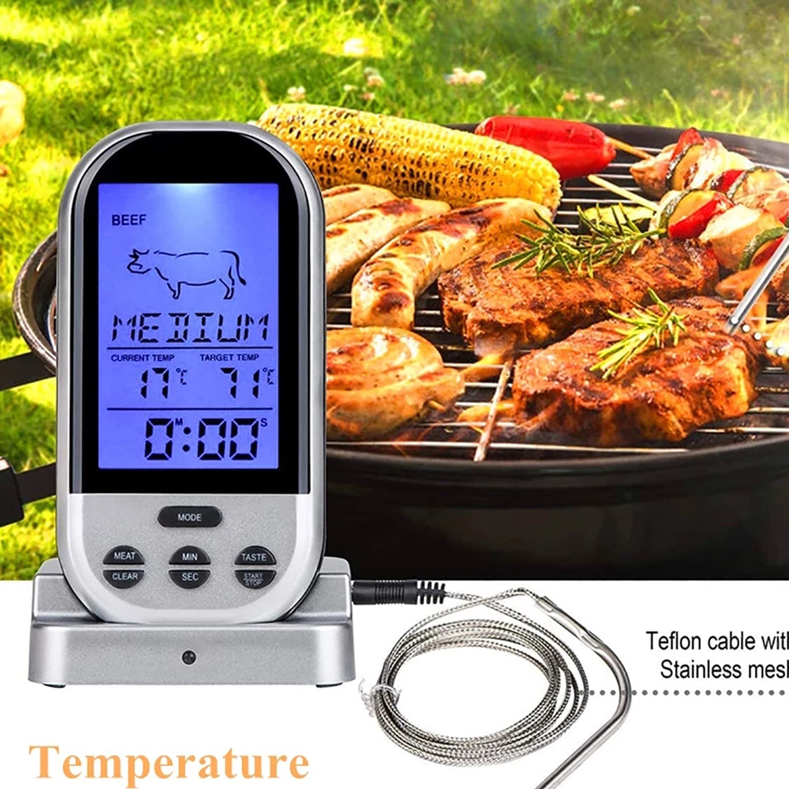 Termómetro de carne inalámbrico, Termómetro de cocina digital LCD Bluetooth Termómetro inalámbrico remoto BBQ BBQ Grill Herramientas de cocción a domicilio con alarma de temporizador
