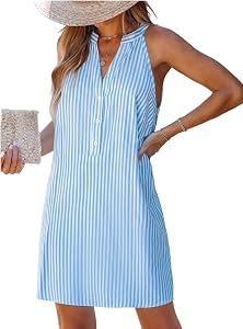 CUPSHE Femmes Robes d'été V Col Sans manches Bouton rayé vers le haut Mini Robe de couverture occasionnelle