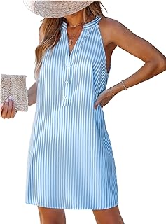 Women Striped Summer Dress Split V Neck Sleeveless Button Up A Line Casual Beach Vacation Holiday Mini Dress - Buy now
