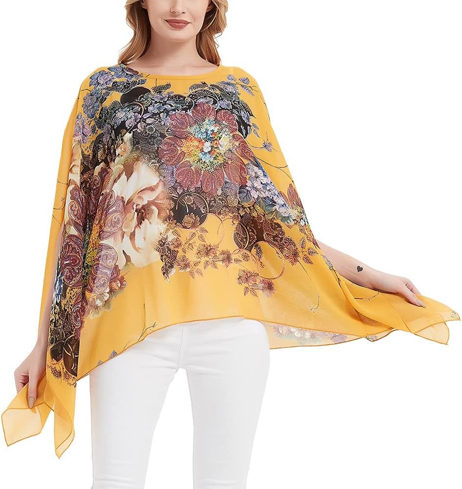Wiiiwish Women's Floral Chiffon Blouse Batwing Summer Hippie Sheer Loose Caftan Poncho Tunic Shirt Tops