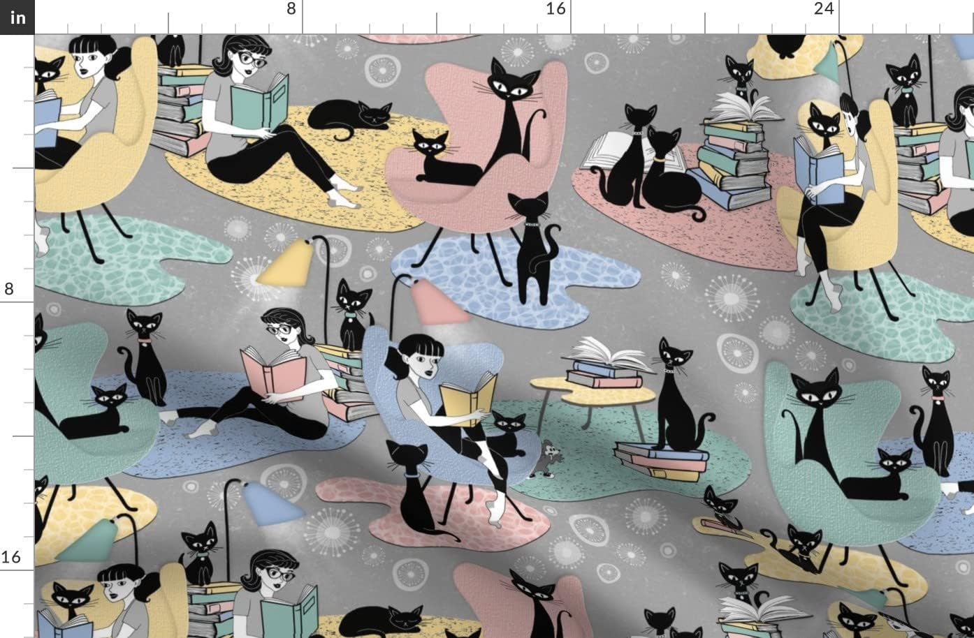Spoonflower Fabric - Time Retro Cats Reading Books Hygge Printed on Organic Cotton Sateen Fabric by The Yard - Sewing Quilting Apparel Home Decor