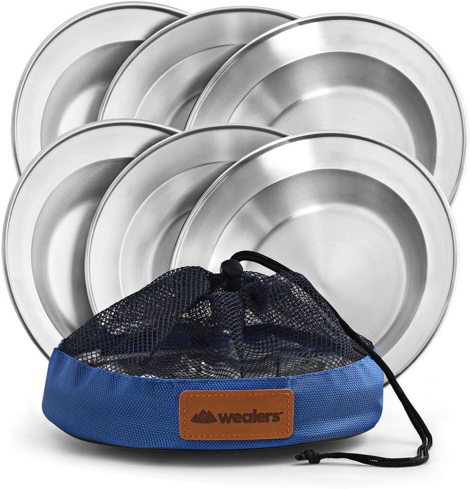 Wealers Stainless Steel Plate Set - 8.5 inch | Stainless Steel Bowl Set - 6 inch Ultra-Portable Dinnerware Round BPA Free Bowls with Mesh Travel Bag for Outdoor Camping | Hiking | Picnic | BBQ | Beach