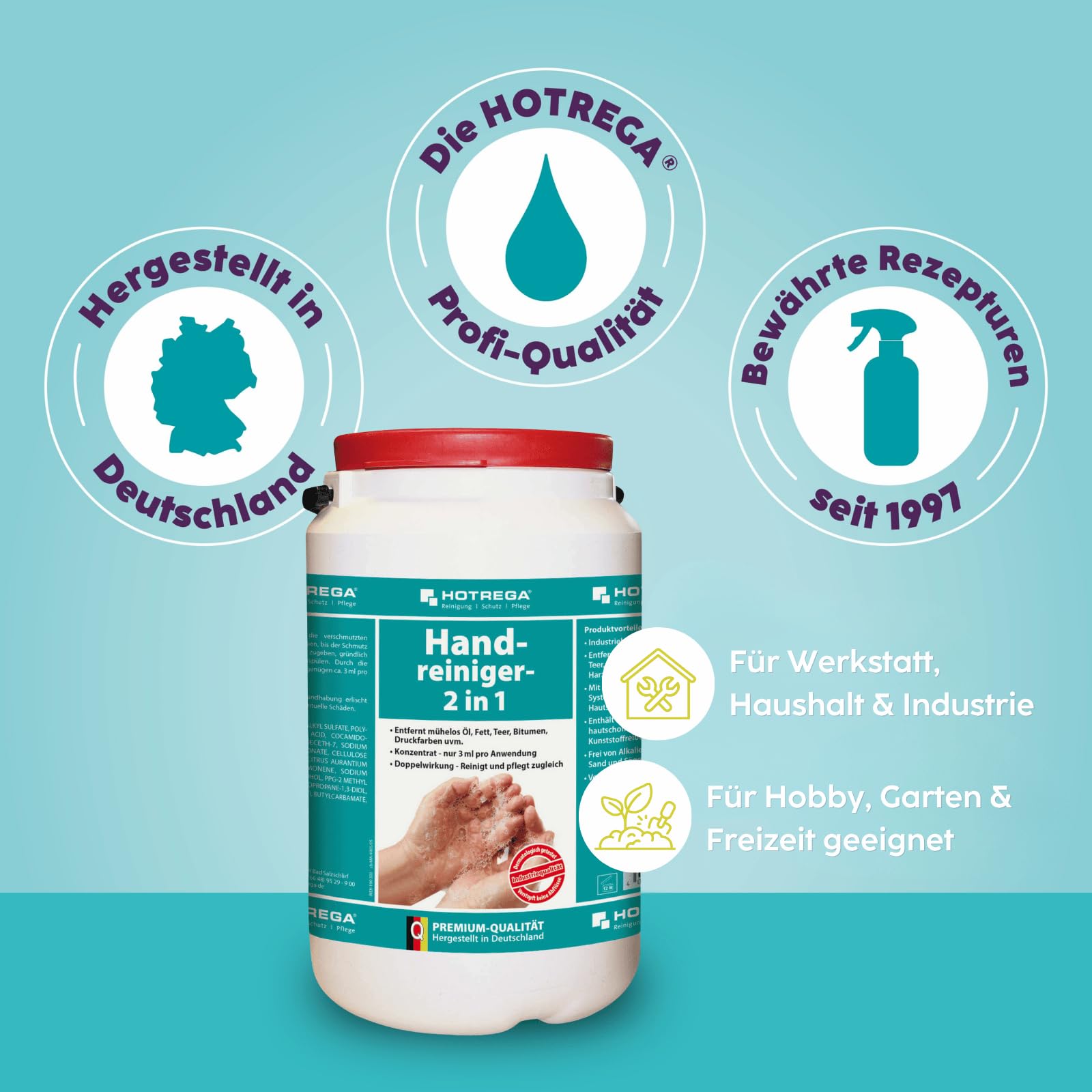 HOTREGA Handreiniger 2in1 6x 3L | Profi Handwaschpaste mit Rückfettung | Kraftvolle Reinigung ohne Mikroplastik | Natürliches Maismehl Reibemittel | pH-hautneutral | Werkstatt & Garten | 18 Liter