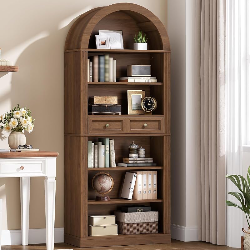 Estantería arqueada, librería con arco de 73 pulgadas de alto con cajón, estantería para libros de granja de 6 niveles, estantería de madera con estantes abiertos para sala de estar, oficina, estante ajustable, nogal
