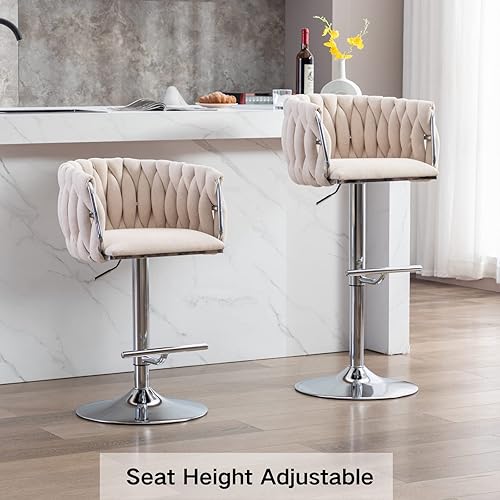 Miniatura 6 de LukeAlon Juego de 2 taburetes de bar giratorios de lino, sillas de bar modernas de altura ajustable con base plateada, respaldo tejido con