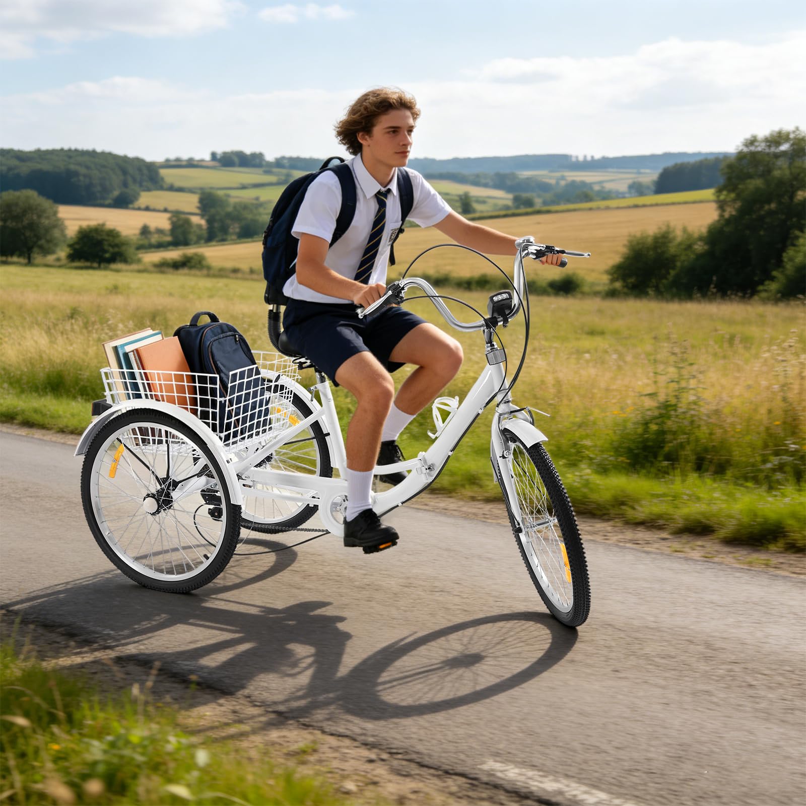 Triciclo pieghevole per adulti, 24 pollici, 7 velocità, 3 ruote, con cestino, portata 110 kg, bici da città da 175 cm, sedile regolabile, adatta per adulti, colore bianco