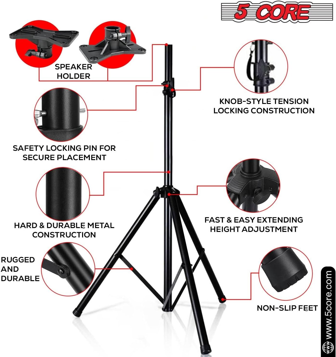 5 Core Speaker Stand Adjustable Universal PA DJ Tripod Studio Monitor Stands w 35mm Insert for Home On Stage Studio Use - SS ECO 1PK BLK WOB