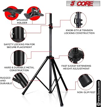 5 Core Speaker Stand Mount Holder Tripod w/Adjustable Height to 72 Universal 35mm Compatible Insert w Safety Pin and Knob Tension Lock for Studio Stage Home Black