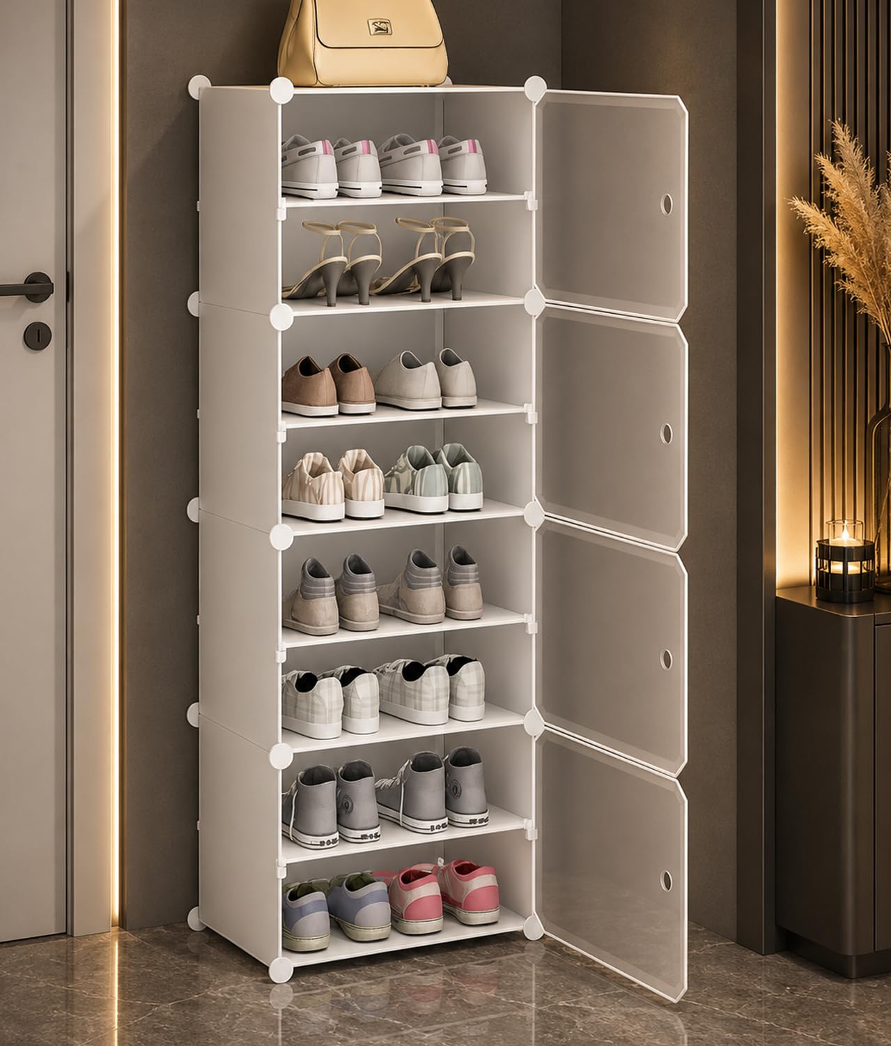 AYSIS Premium Foldable Plastic Shoe Rack for Home, 𝟒 𝐃𝐨𝐨𝐫 𝟖 𝐒𝐡𝐞𝐥𝐟 Shoe Cabinet, Dustproof & Waterproof Organizer, Portable Space Saving Storage for Entryway, Bedroom & Living Room, White