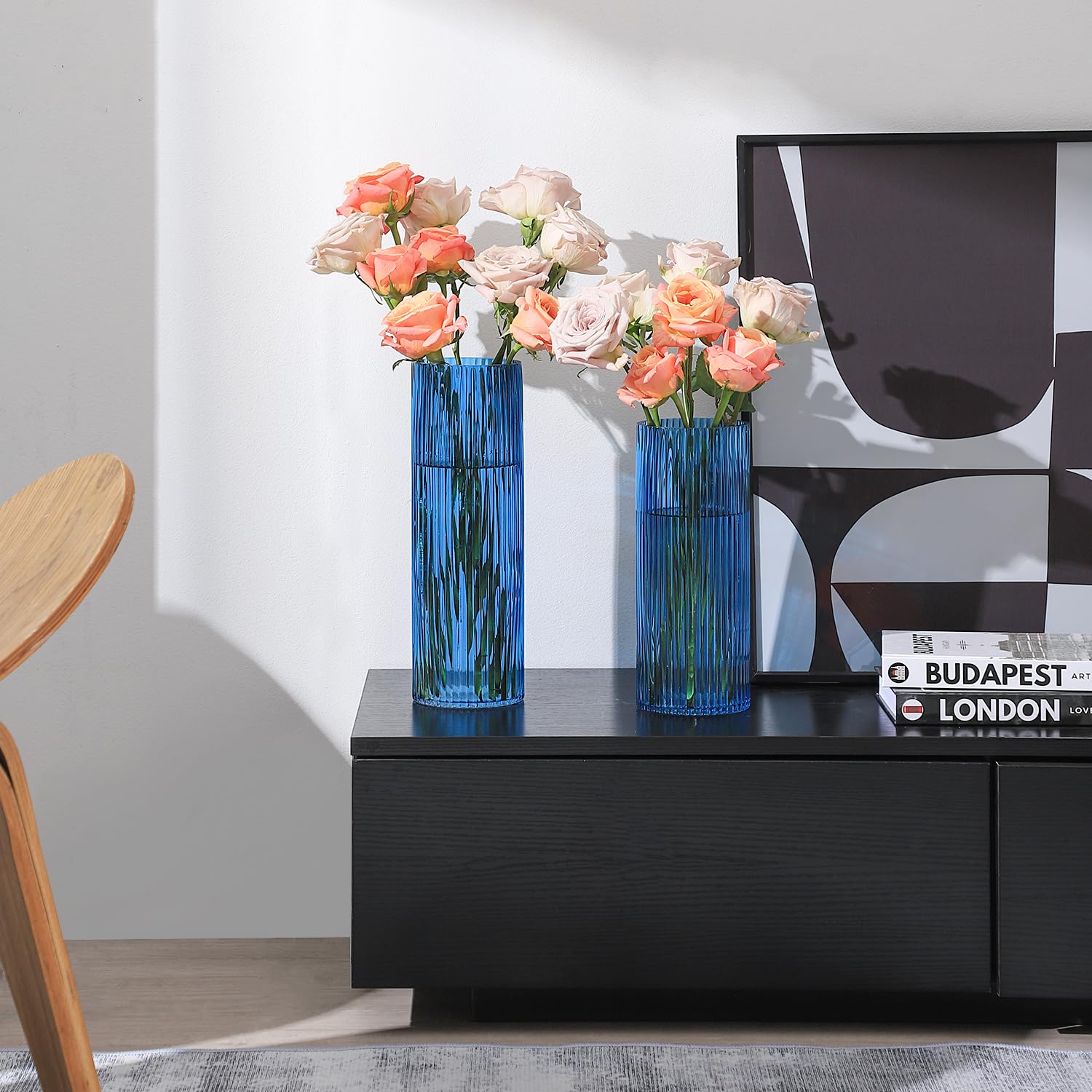 YANWE1 Blue Glass Vases, Glass Flower Vase Set of 2, Ribbed Glass Vase, Blue Vase, Tall Cylinder Glass Vases for Centerpieces, Living Room, Bedroom, Dining Table, Office, Wedding, Bookshelf Decoration