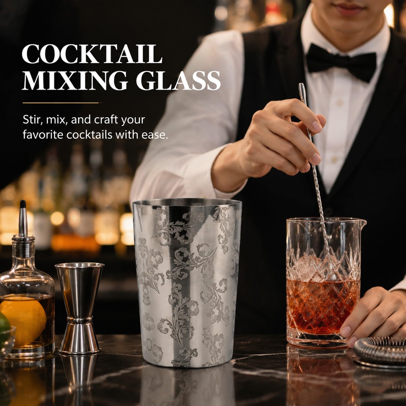 Mixing Glass in Acciaio Inox 304 per Cocktail, Bicchiere da Bar Inciso e Termoisolante, 244g - Mantiene la Temperatura, Resistente alla Ruggine, Ideale per Barman e Appassionati
