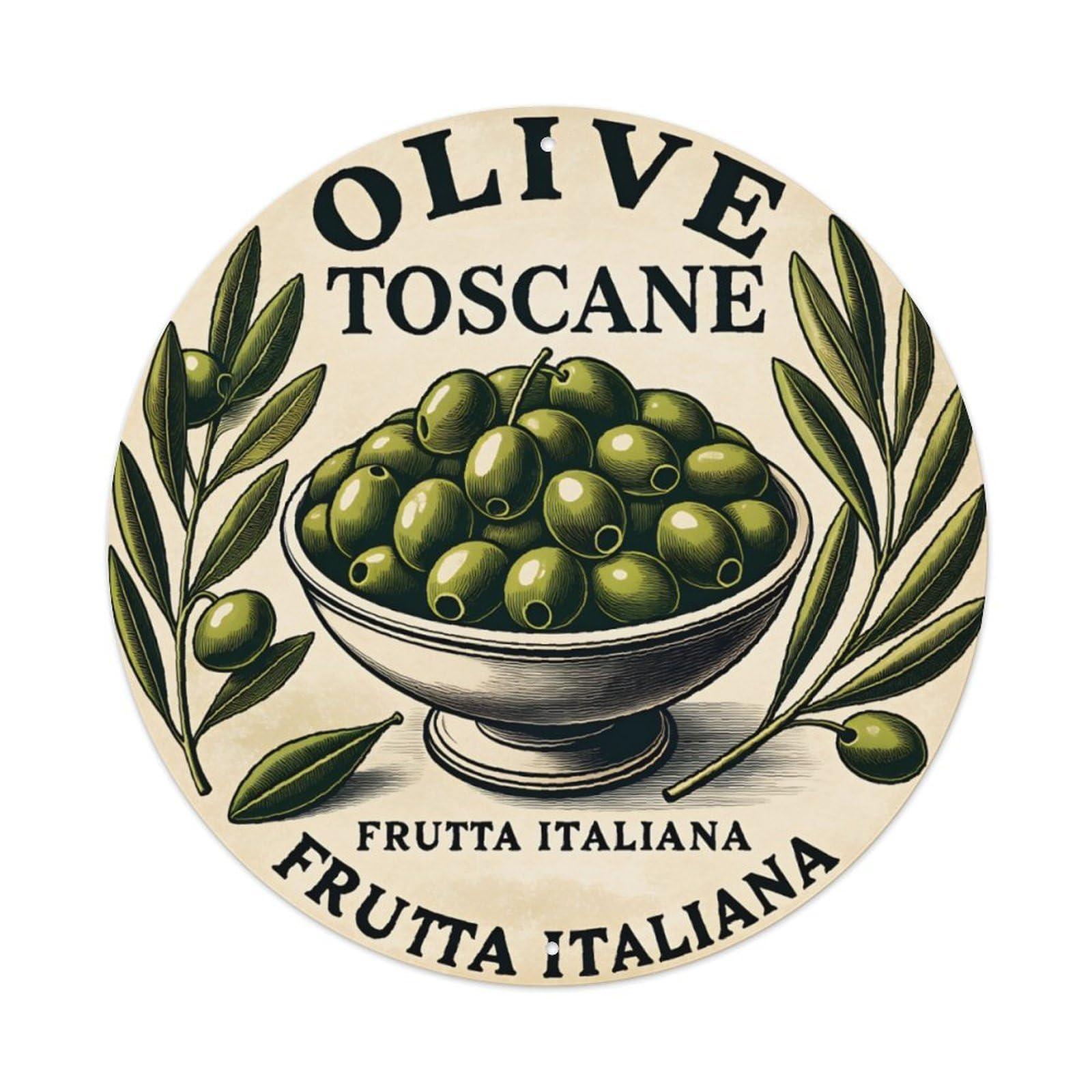 Vintage Tuscan Olive Italian Fruit Round Sign Vintage Aluminium Metal Sign, Retro Wall Decor for Home, Bar, Garage & Farmhouse 20x20cm