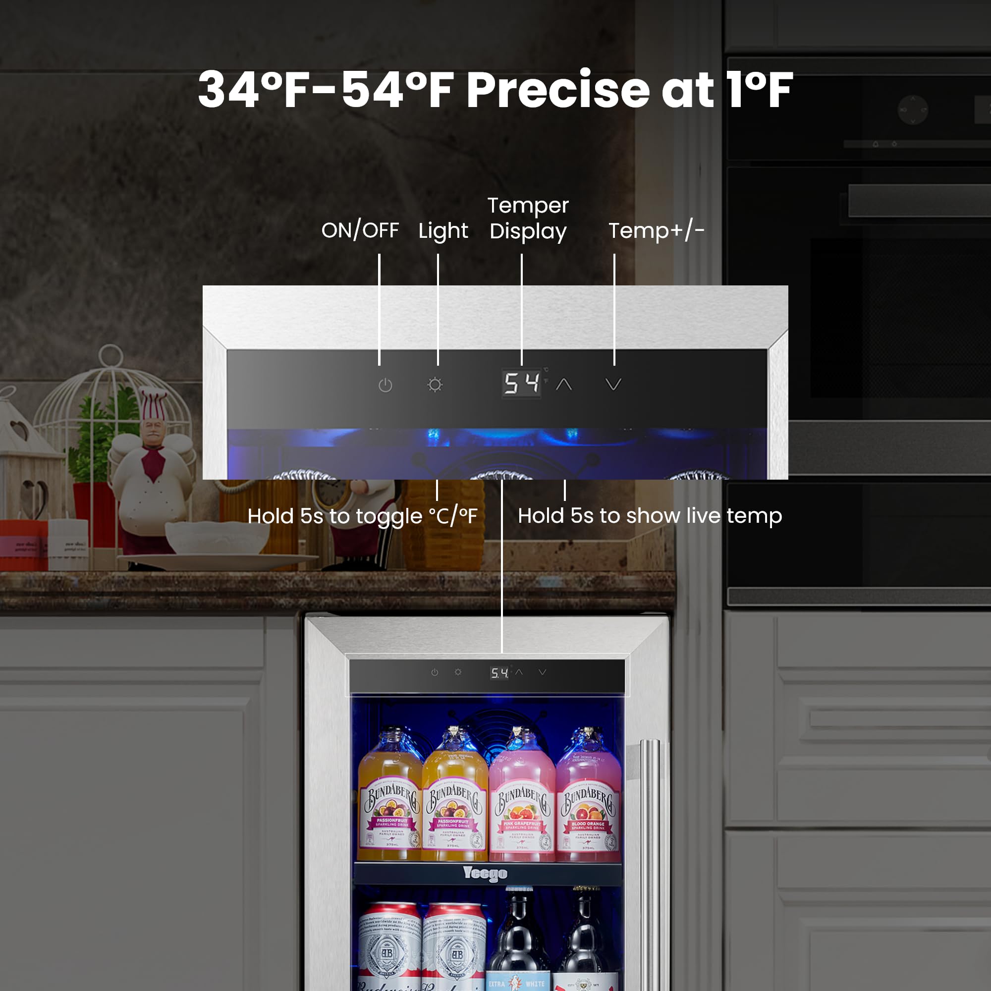 YEEGO 15 Inch Beverage Refrigerator, Beverage Cooler Stainless Steel Refrigerator Built-In Or Freestanding, Small Wine Fridge With Glass Door, Drink Fridge For Beer, Soda, Wine (Left-Hinged) on Fridge.com - View 4