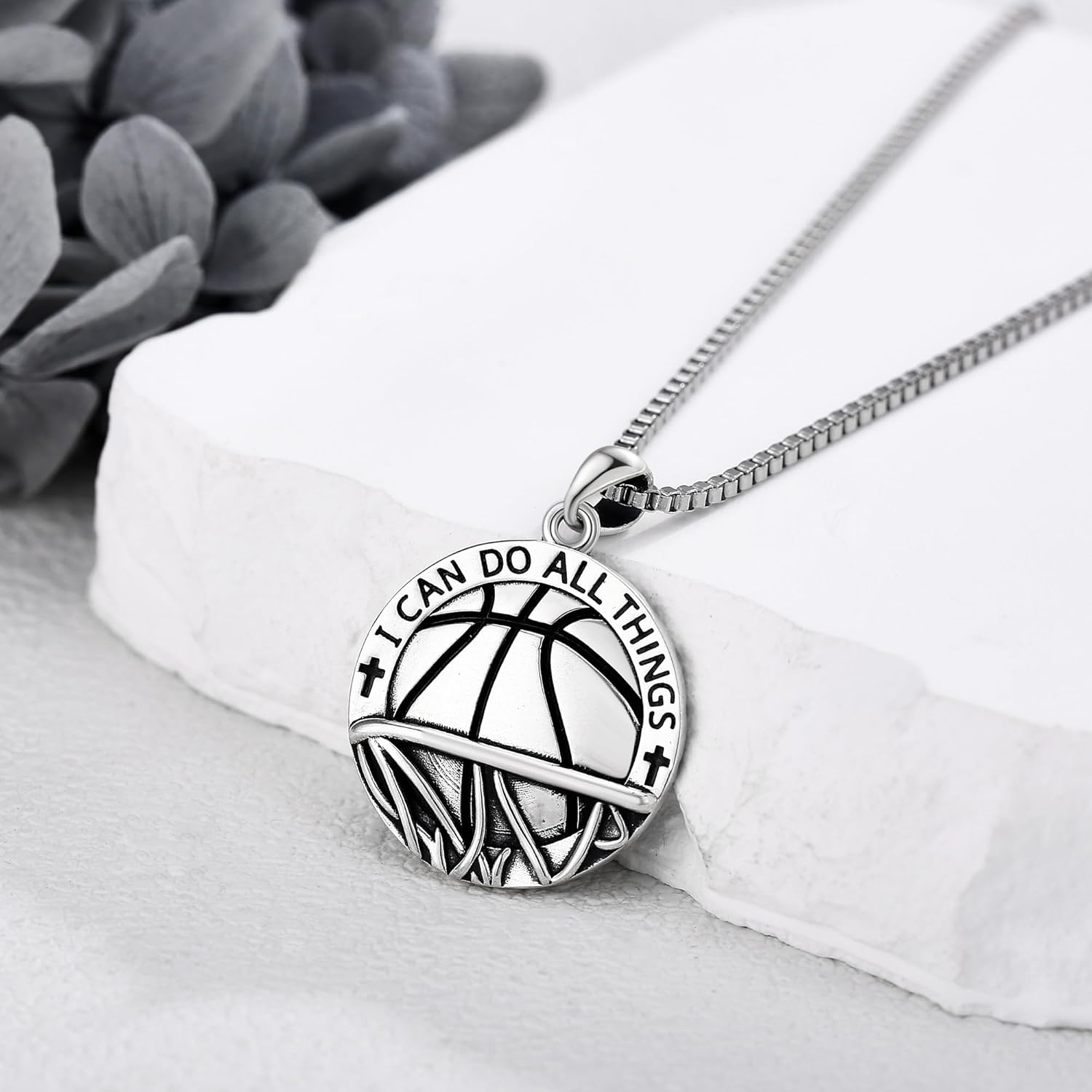 YAFEINI Men's Basketball Sport Necklace, 925 Sterling Silver, Never Give Up Pendant, Unisex, Minimalist, Silver, 20 inches Box Chain