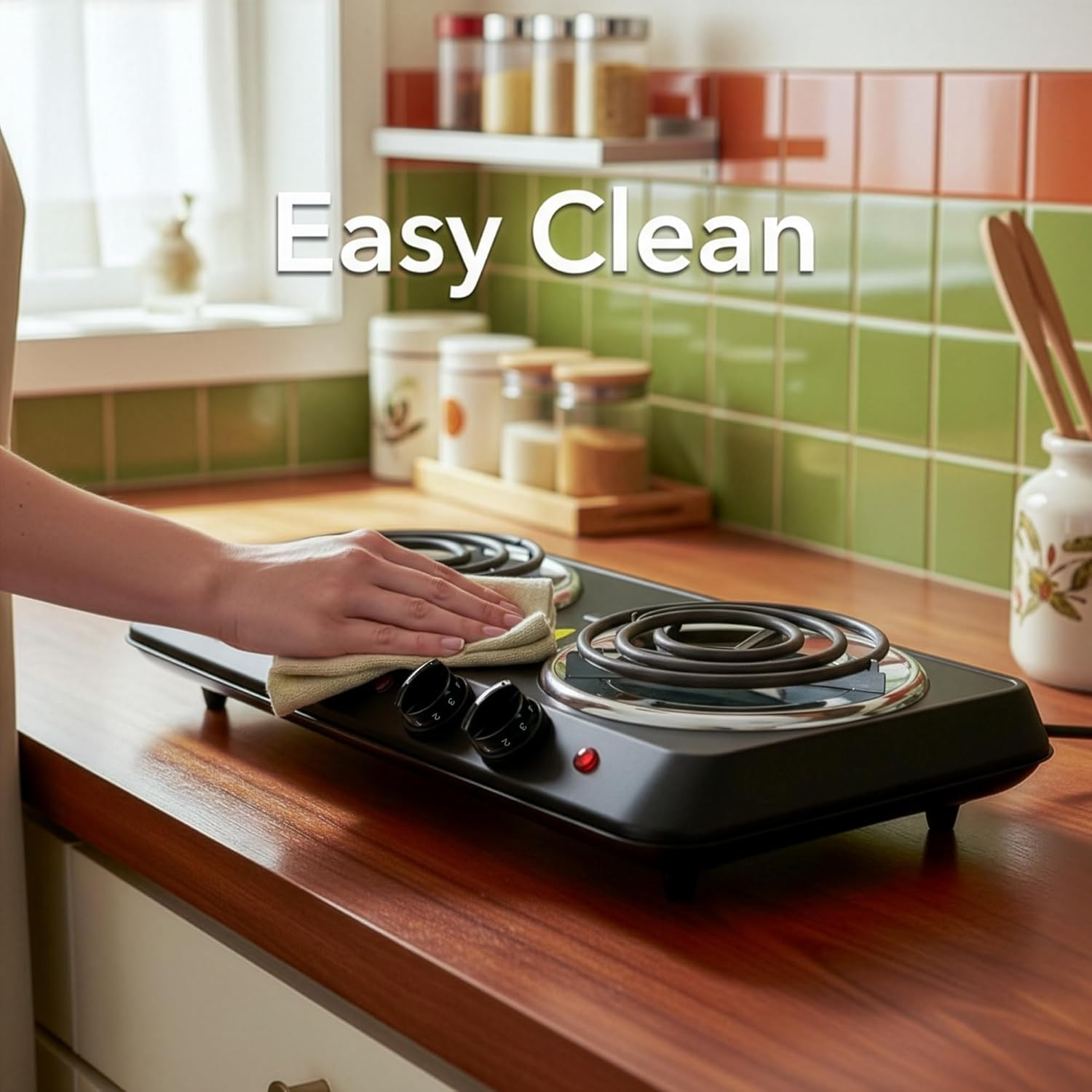 OVENTE Electric Countertop Double Burner, 1700W Cooktop with 6" and 5.75" Stainless Steel Coil Hot Plates, 5 Level Temperature Control, Indicator Lights and Easy to Clean Cooking Stove, Black BGC102B