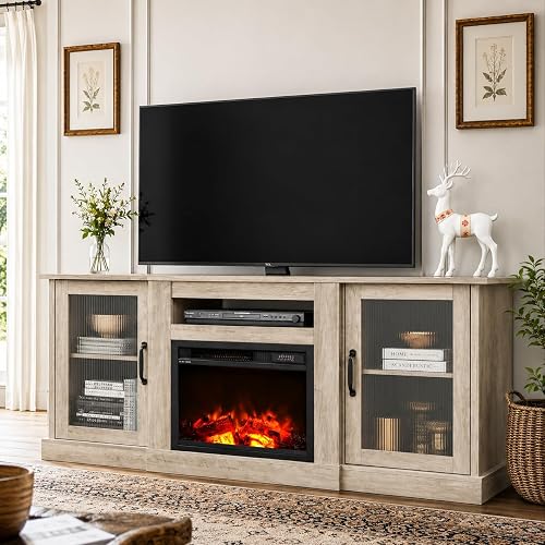 WLIVE Fireplace TV Stand for 65" TV, Entertainment Center with 18 Inch Electric Fireplace, TV Console with Open Shelves for Living Room and Bedroom, Greige
