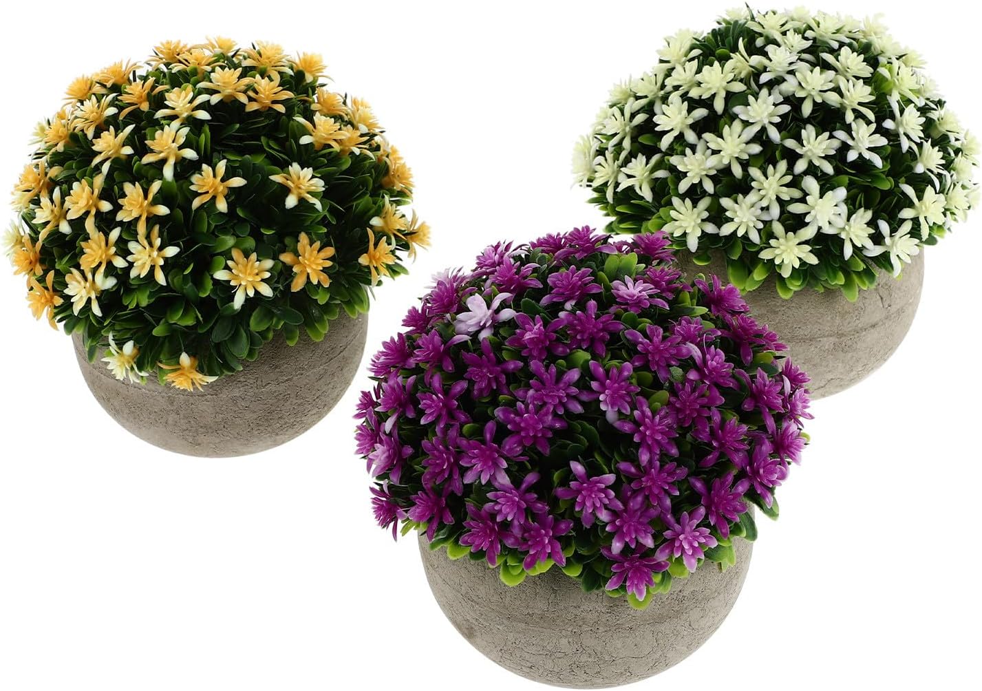 Uonlytech Biodegradable Pulp Faux Plant Pots 3pcs with Simulated Bonsai Greenery in Yellow, Purple, and White for Home and Office Decor