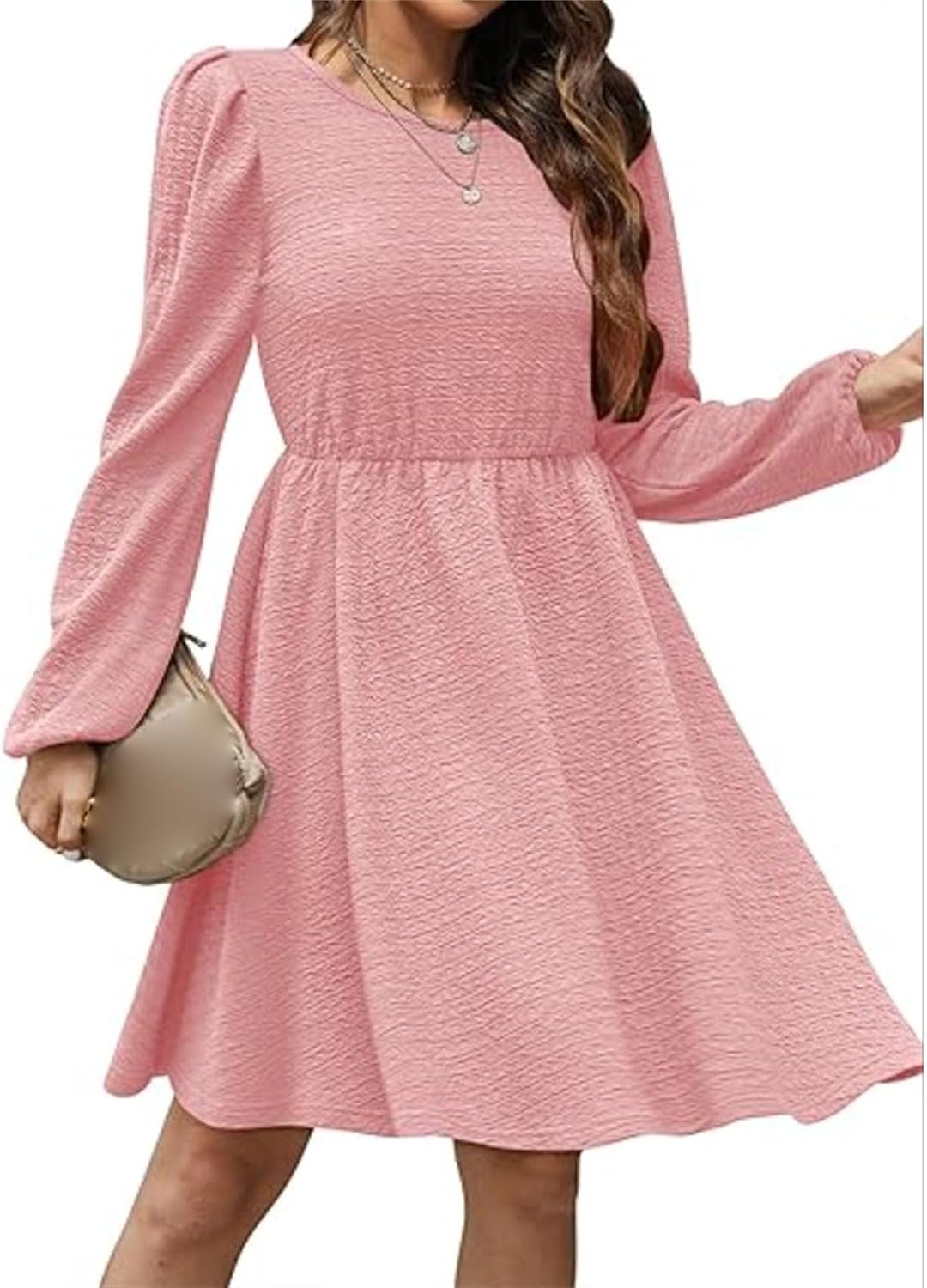 Generic Womens Spring Round Neck Dress Ruffle Elegant Empire Waist Mini Swing Dresses Casual Long Sleeve Smocked Beach Dress