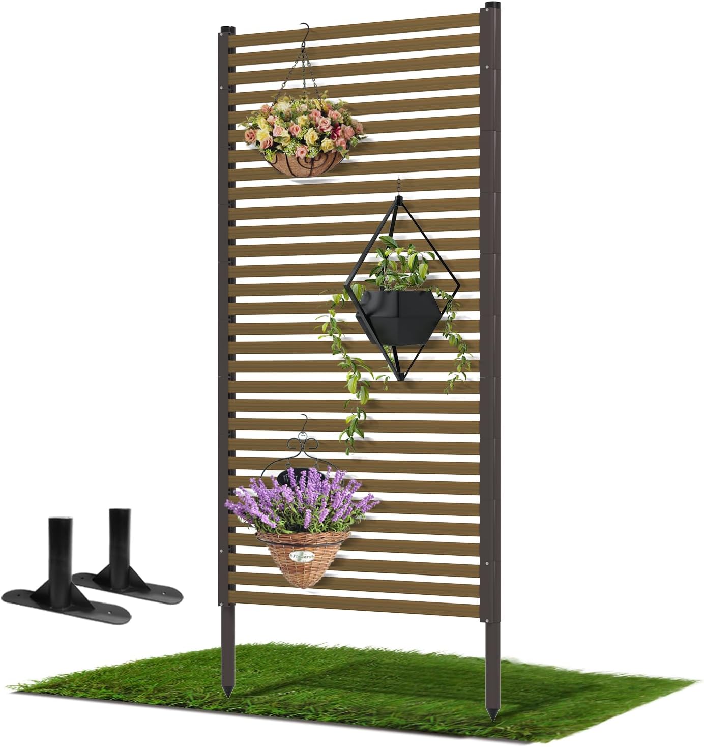 Outdoor Privacy Screen with Base Feet,3ft x 6ft Privacy Fence Screen for Outside,Freestanding Metal Backyard Privacy Fence Panel,Wood Grain Decorative Pipes and Slats Panels Divider Garden,Dark Brown