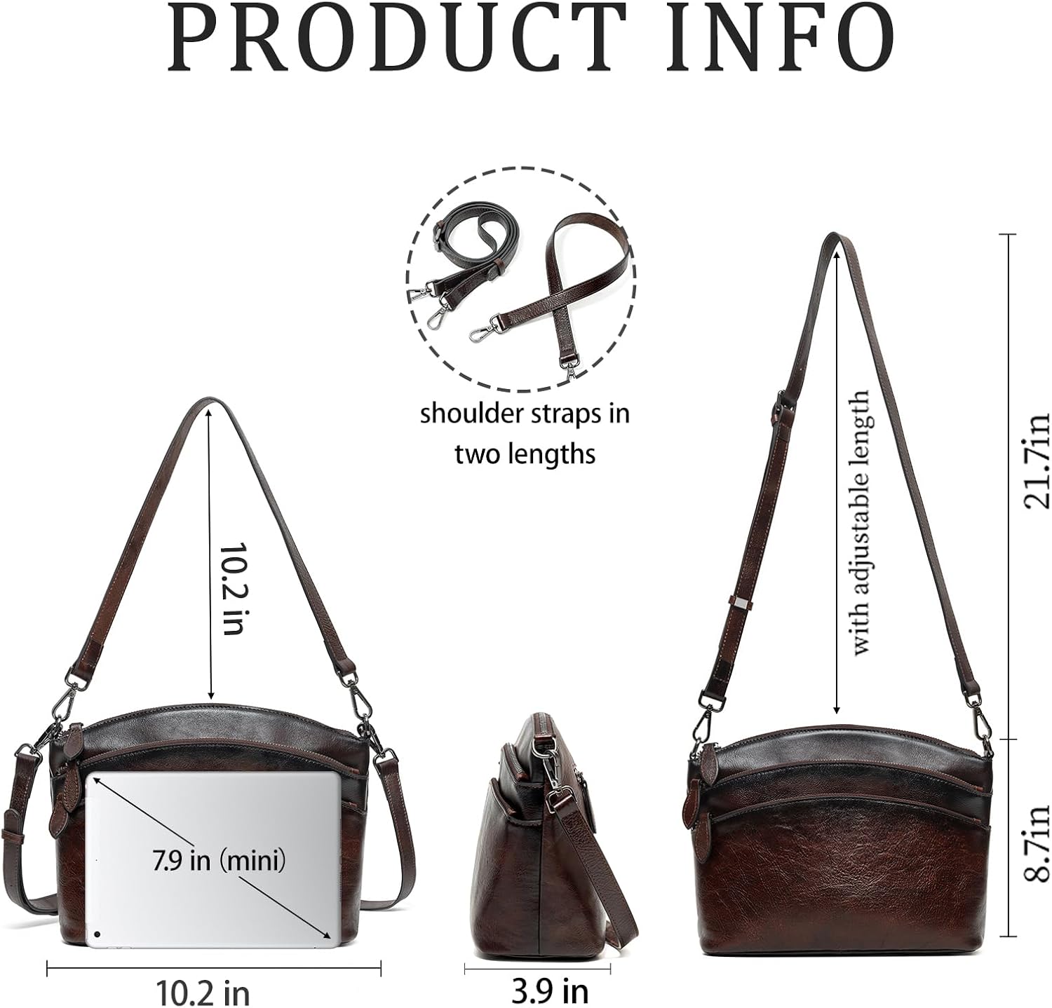 Vintage Leather Crossbody Bag for Women - Real Leather Purses Triple-Zip Shoulder Bag with 2 Straps for Daily Use | Geniune leather, water-resistant - Image 3