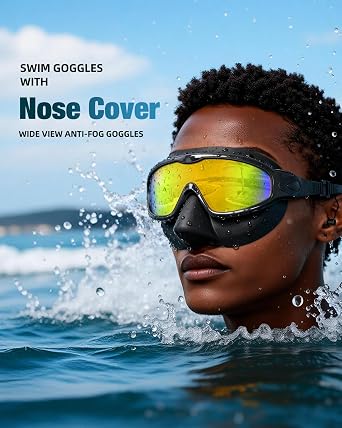 Aegend Swim Goggles with Nose Cover for Adults, 2 Pack Wide View Swimming Goggles Anti-Fog/UV No Leak for Men & Women