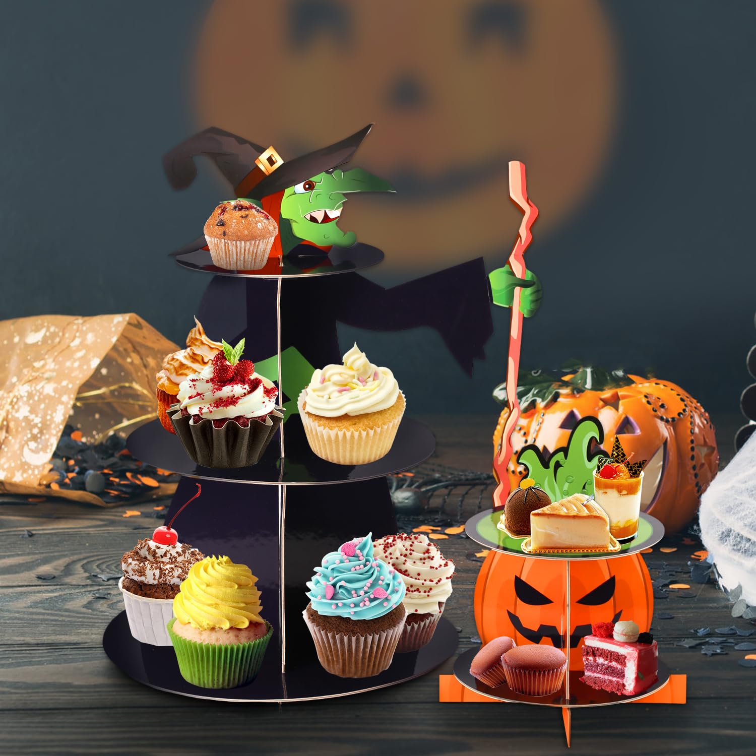 Support Cupcakes Halloween 3 Étages En Carton + 12 Toppers Citrouille – Présentoir 45 Cm, Décoration Fête D’Halloween, Résistant