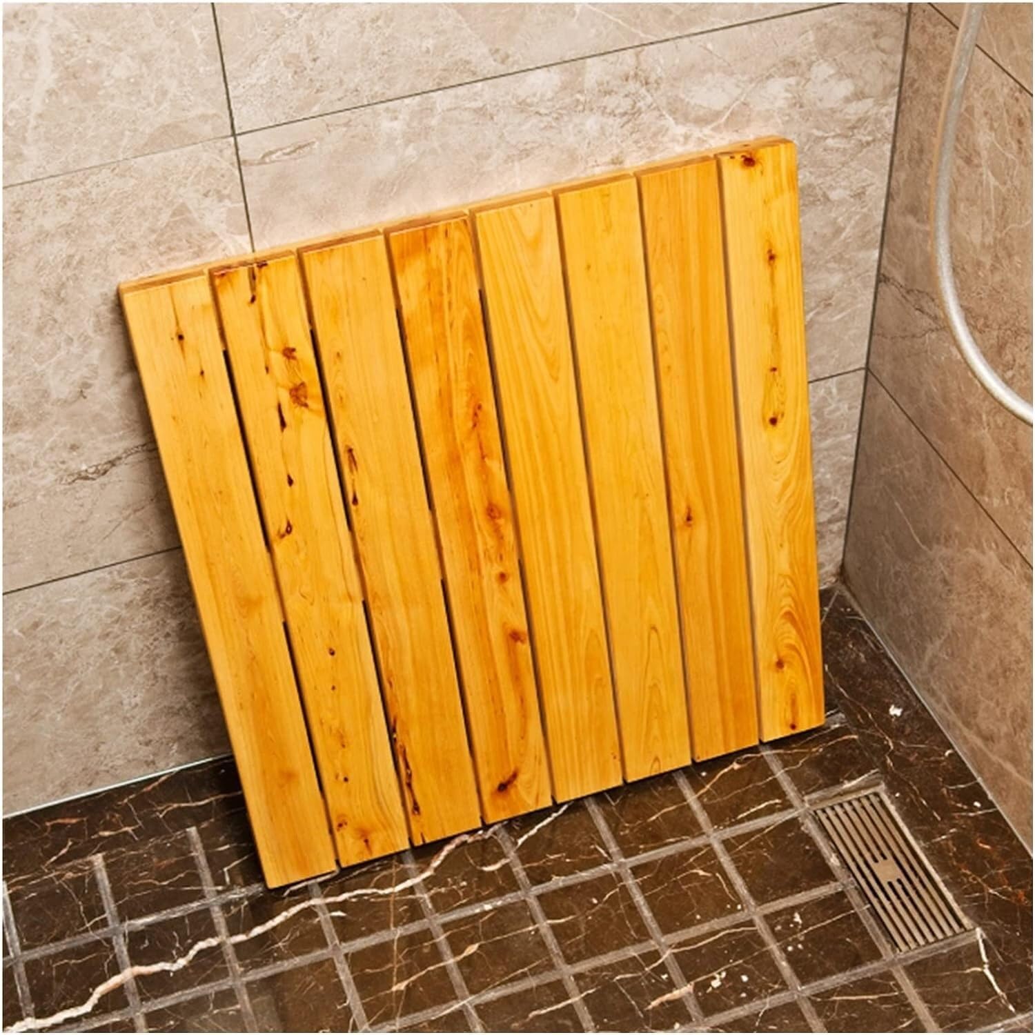 BHGFYXBS Wood Bath Mat Shower Floor Mat Bathroom Non-Slip Slats Splicing Foot Pad Skeletonized Drain Board,Natural-2pcs-60x70cm