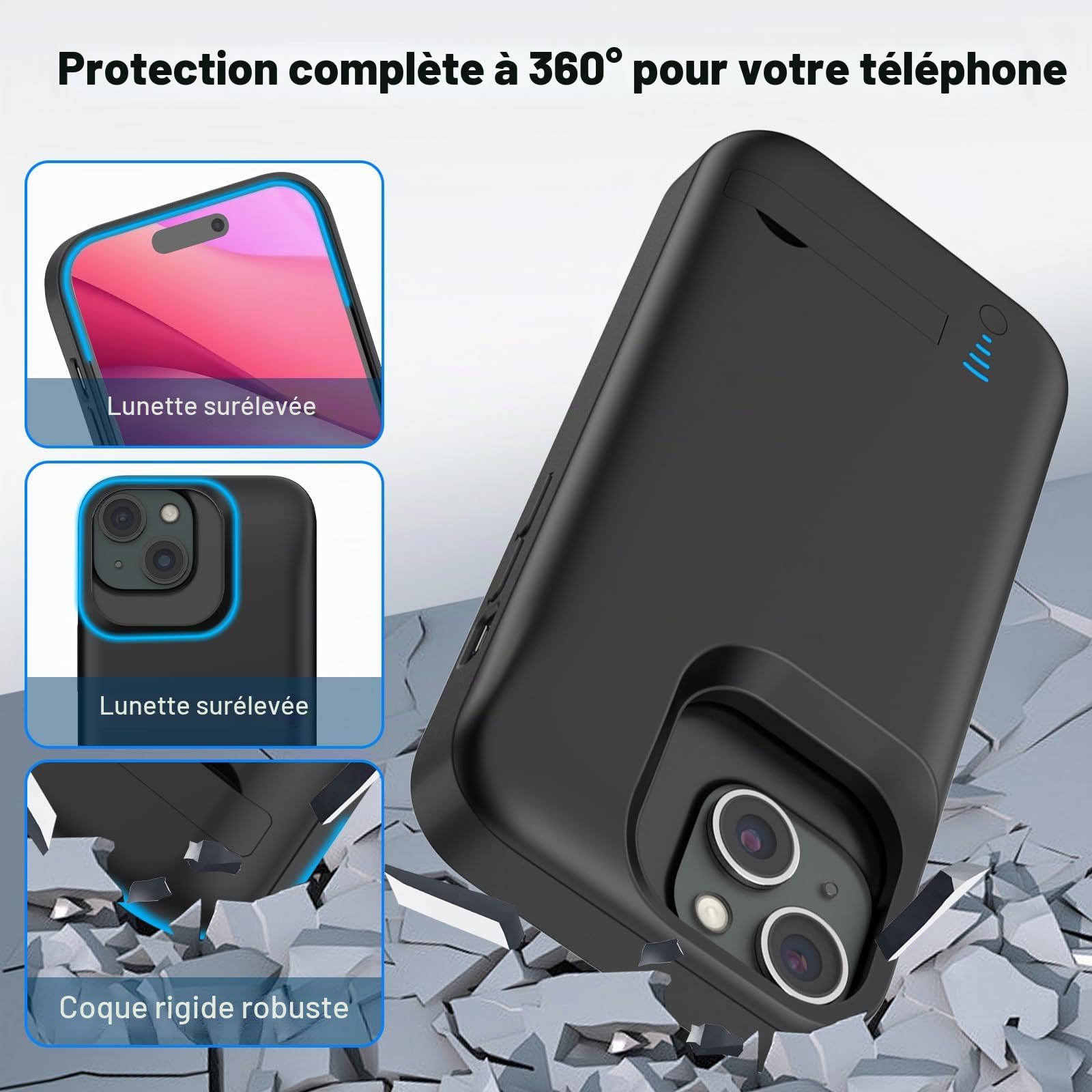 Coque de Batterie pour iPhone 15, Véritable Étui de Charge Fin Rechargeable 8500 mAh avec Support, Batterie Externe de Protection Portable pour iPhone 15, 6,1 Pouces, Noir