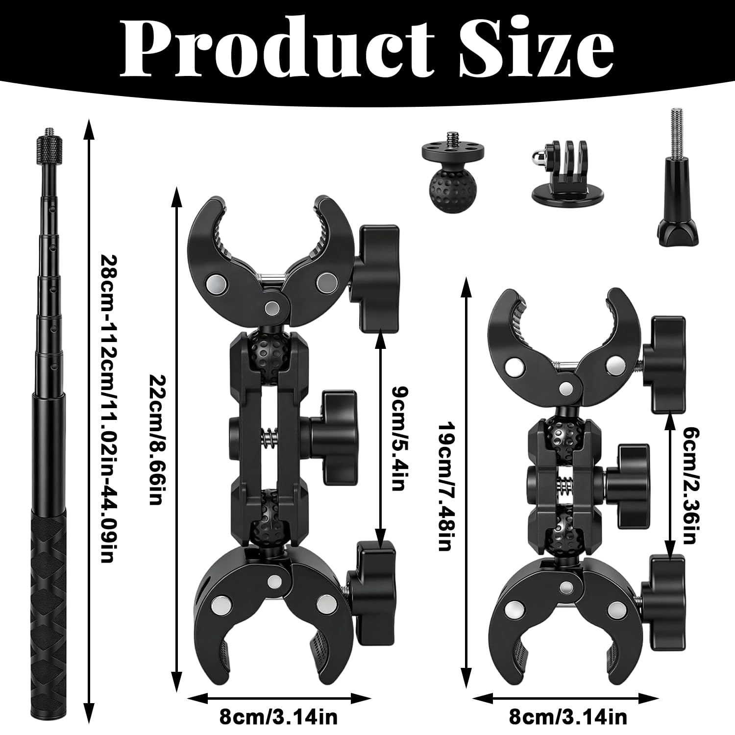 Support Moto pour Insta360 X5 X4, Support de Guidon de caméra d'action avec Perche Selfie Invisible 120cm et Double Pince Accessoire, Support Caméra d'action, Compatible avec Plusieurs Appareils