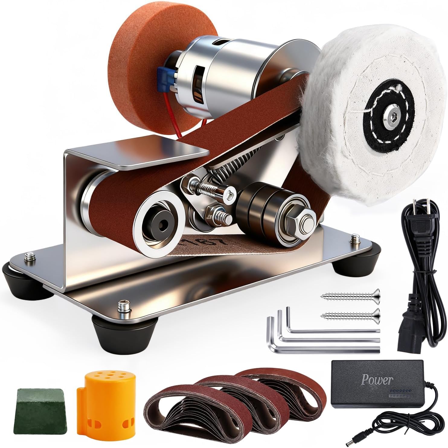 3-in-1 Mini Belt Sander with 20 Sanding Belts, 15° Angle Knife Sharpener and Variable Speed Grinder for Woodworking, Metal Polishing, DIY and Jewelry Making