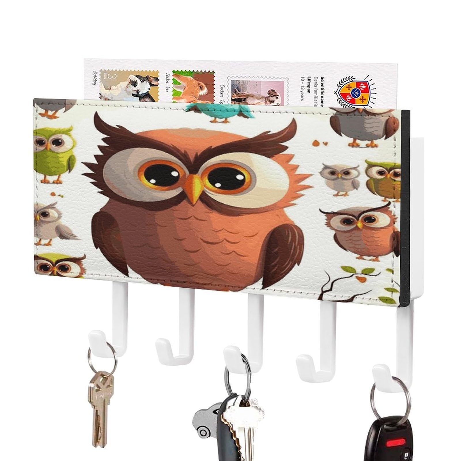 Fekiloot White-Style Cartoon Owl Key Holder Wall Mount Key And Mail Holder Key Hanger With 5 Hooks Decorative Pu Key Rack Hanging Key Hooks For Wall Living Room Kitchen Bathroom Hallway