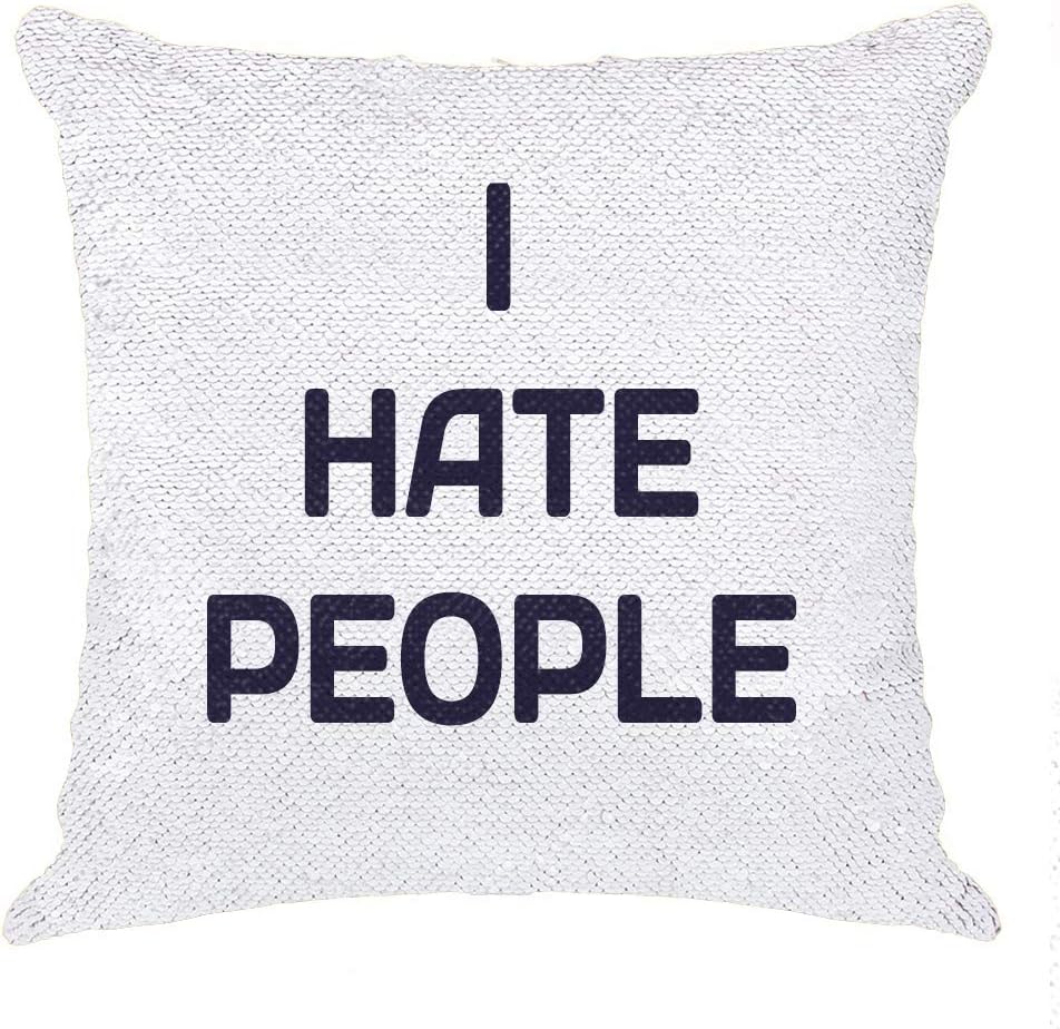 Personalized I Hate People Sequin Pillow, Hiding Text Cushion Cover, Cheap Gift for Mens Womens Son Daughter Birthday Holiday Party (Red)