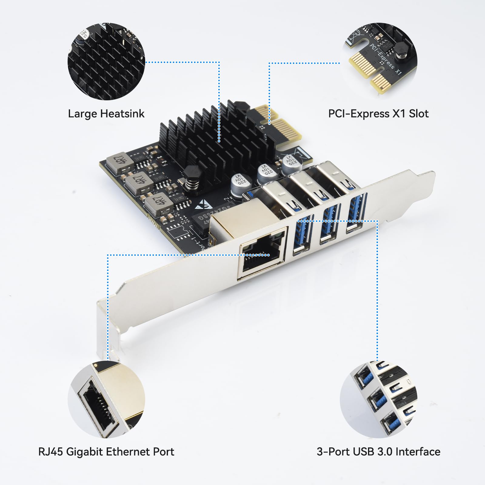 ELUTENG Carte d'extension PCIe vers USB 3.0 + Carte réseau Gigabit, 3 Ports USB Type-A + Adaptateur réseau 10/100/1000Mbps avec Puce RTL8153 pour Windows XP/Vista/Win 7/Win 8/Win 10