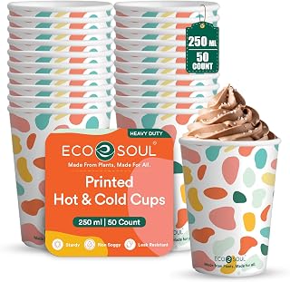 ECO SOUL [250 ml, 50 Count] Disposable Multi-Colour Paper Cups| Plastic-Free Aqueous Coated | Eco-Friendly & Biodegradable... Price In India